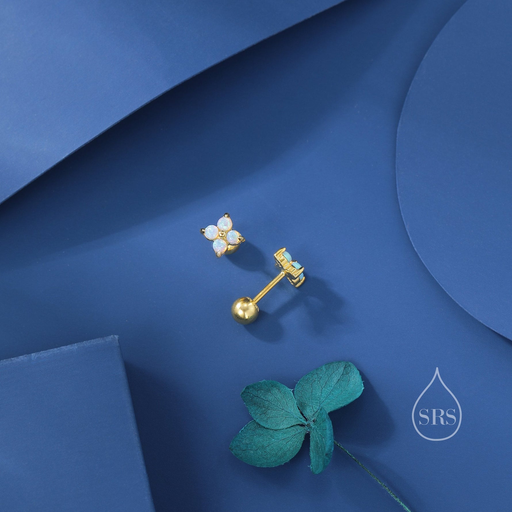 Blue Opal Hydrangea Screw Back Earrings in Sterling Silver - Gold or Silver - Opal Flower Earrings, Four Fire Opal Stud