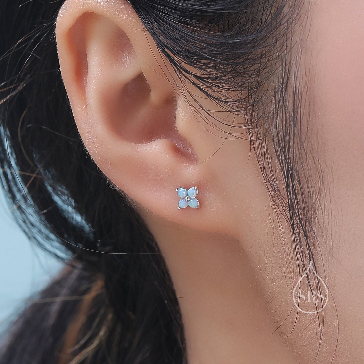 Blue Opal Hydrangea Screw Back Earrings in Sterling Silver - Gold or Silver - Opal Flower Earrings, Four Fire Opal Stud