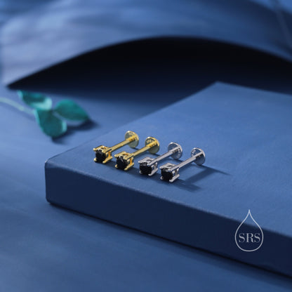 Black CZ Internally Threaded Flat Back / Screw Back Earrings in Sterling Silver,4mm CZ, Black CZ Barbell Earrings, Silver or Gold