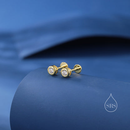 CZ Internally Threaded Flat Back / Screw Back Earrings in Sterling Silver, Rose Gold and Silver, Screw Back Earrings