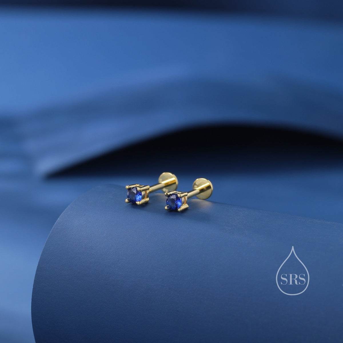 Sapphire Blue CZ 16G Internally Threaded Flat Back Earrings in Sterling Silver