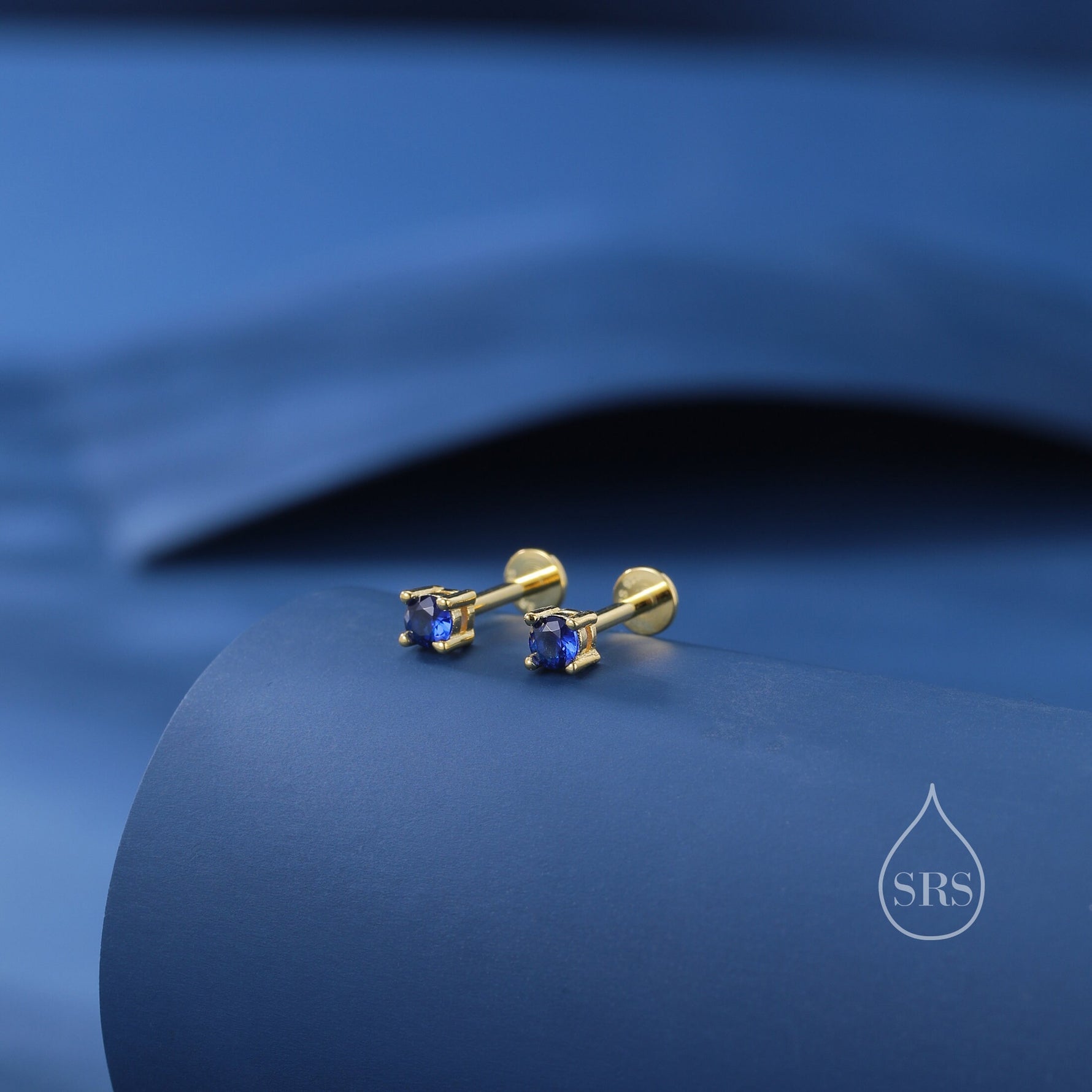 Sapphire Blue CZ 16G Internally Threaded Flat Back Earrings in Sterling Silver