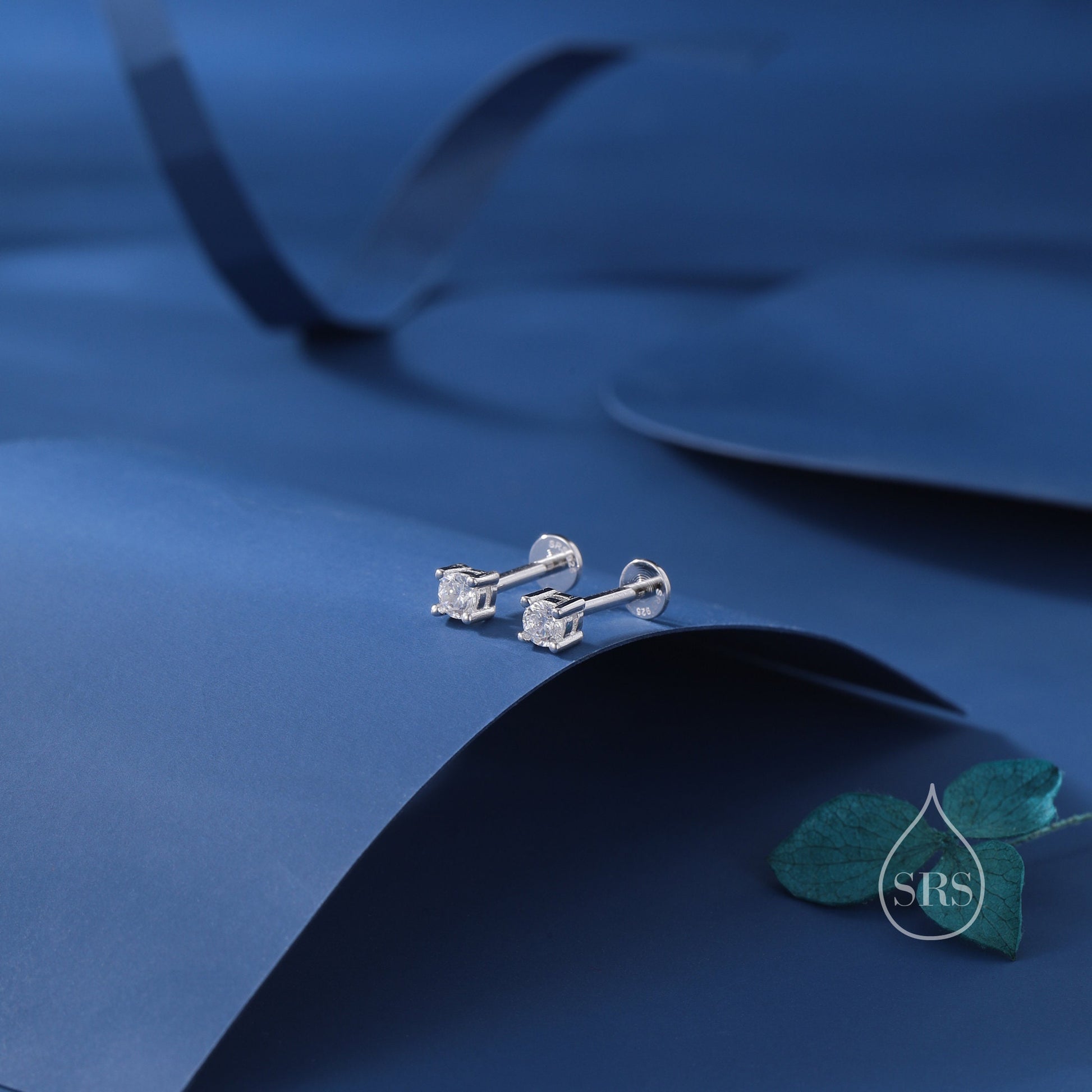 Four Prong CZ Internally Threaded Flat Back / Screw Back Earrings in Sterling Silver, 4mm CZ, CZ Barbell Earrings, Silver or Gold