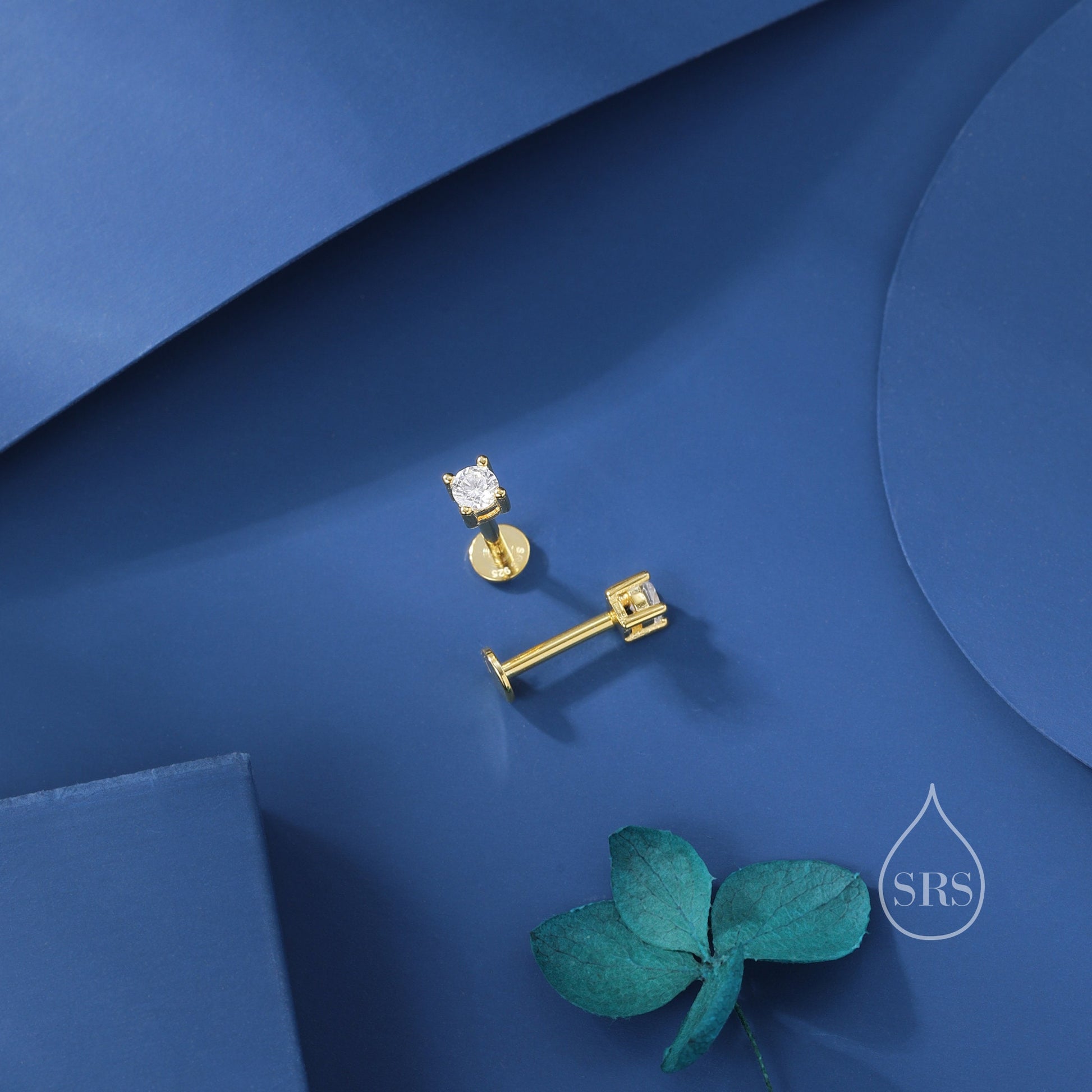 Four Prong CZ Internally Threaded Flat Back / Screw Back Earrings in Sterling Silver, 4mm CZ, CZ Barbell Earrings, Silver or Gold