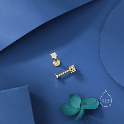 Four Prong CZ Internally Threaded Flat Back / Screw Back Earrings in Sterling Silver, 4mm CZ, CZ Barbell Earrings, Silver or Gold