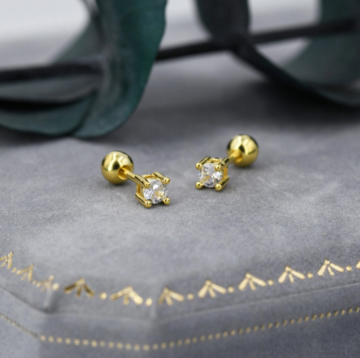 Four Prong CZ Internally Threaded Flat Back / Screw Back Earrings in Sterling Silver, 4mm CZ, CZ Barbell Earrings, Silver or Gold