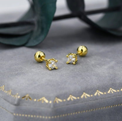 Four Prong CZ Internally Threaded Flat Back / Screw Back Earrings in Sterling Silver, 4mm CZ, CZ Barbell Earrings, Silver or Gold