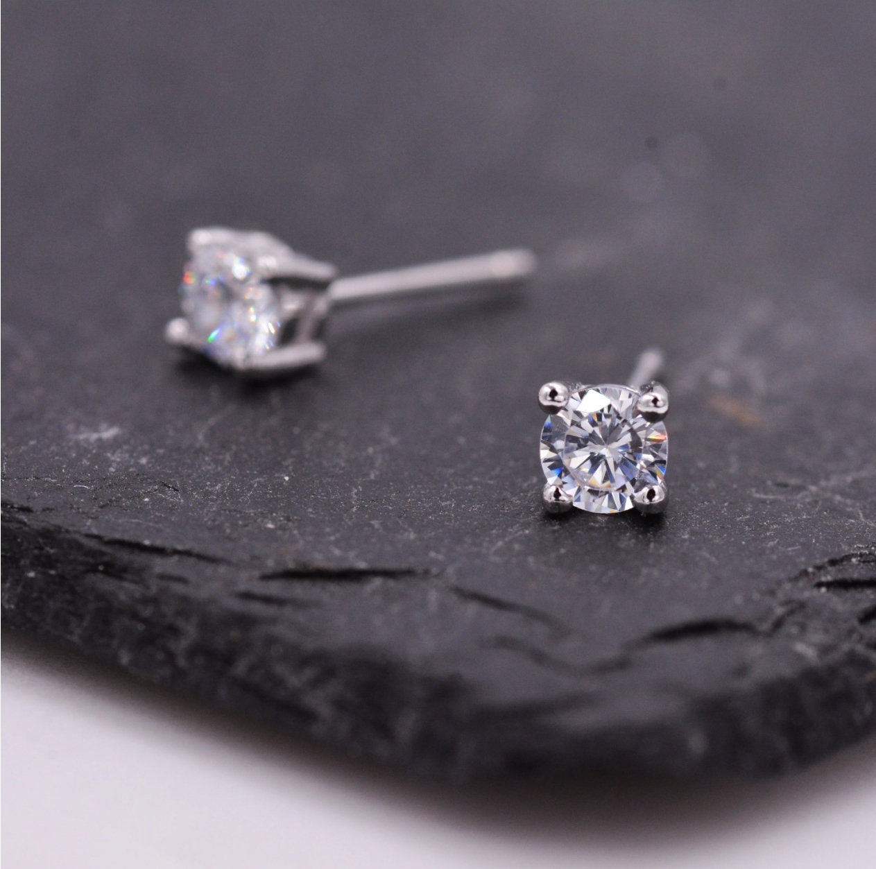 Four Prong CZ Internally Threaded Flat Back / Screw Back Earrings in Sterling Silver, 4mm CZ, CZ Barbell Earrings, Silver or Gold