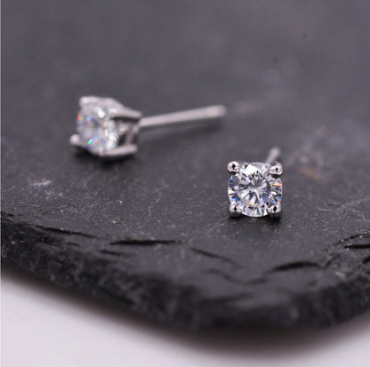 Four Prong CZ Internally Threaded Flat Back / Screw Back Earrings in Sterling Silver, 4mm CZ, CZ Barbell Earrings, Silver or Gold