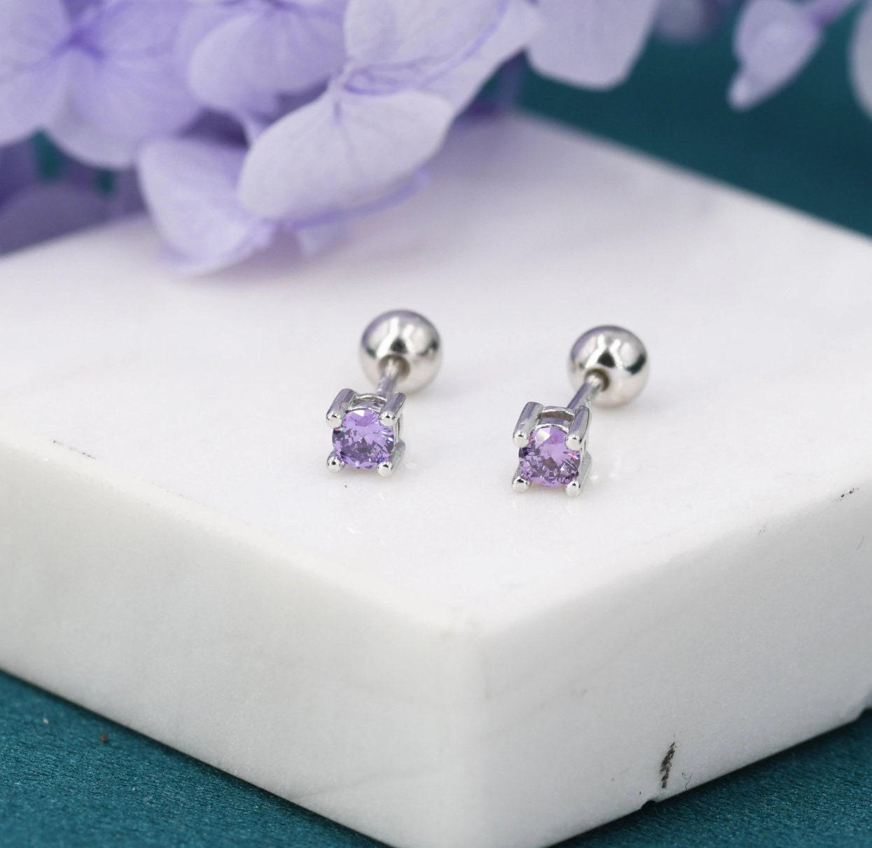 Amethyst Purple CZ Internally Threaded Flat Back / Screw Back Earrings in Sterling Silver, 4mm CZ, CZ Barbell Earrings, Silver or Gold