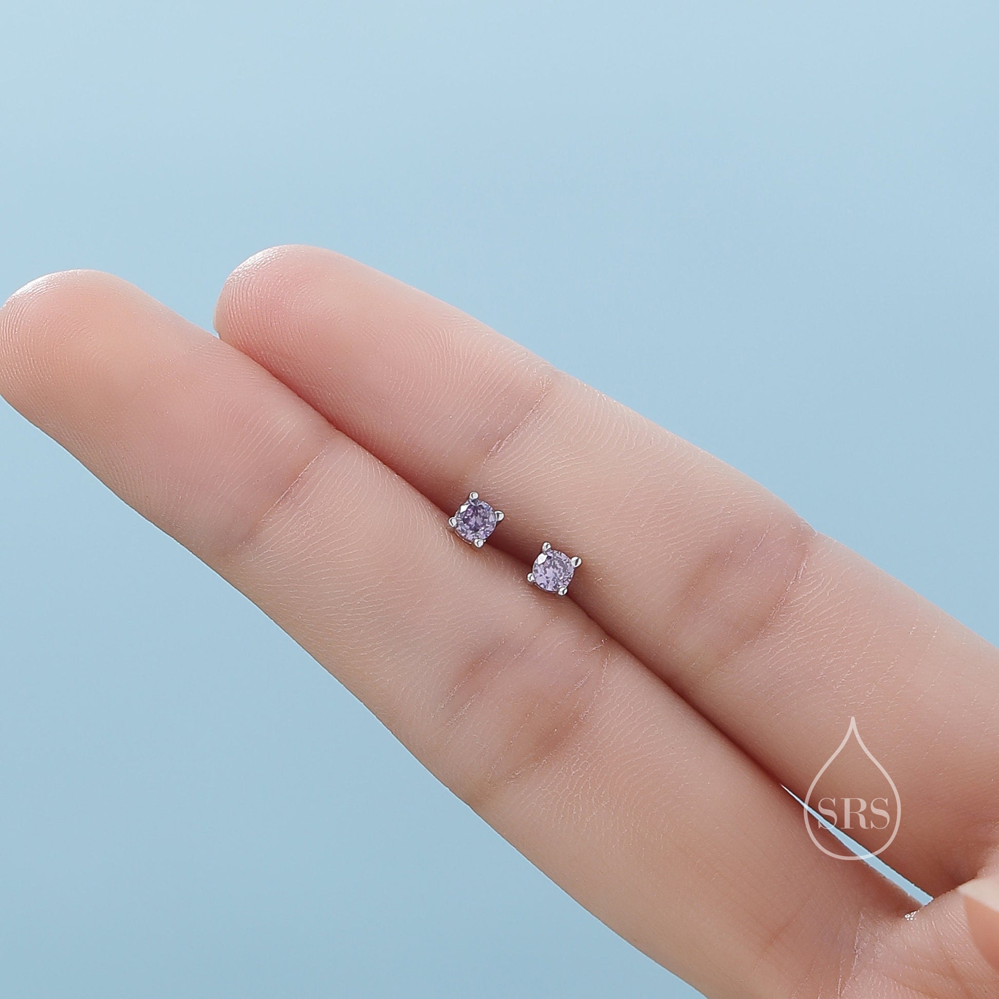 Amethyst Purple CZ Internally Threaded Flat Back / Screw Back Earrings in Sterling Silver, 4mm CZ, CZ Barbell Earrings, Silver or Gold