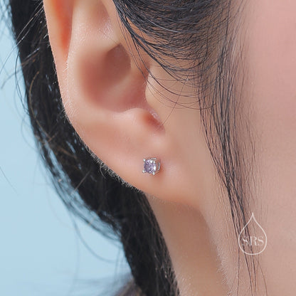 Amethyst Purple CZ Internally Threaded Flat Back / Screw Back Earrings in Sterling Silver, 4mm CZ, CZ Barbell Earrings, Silver or Gold
