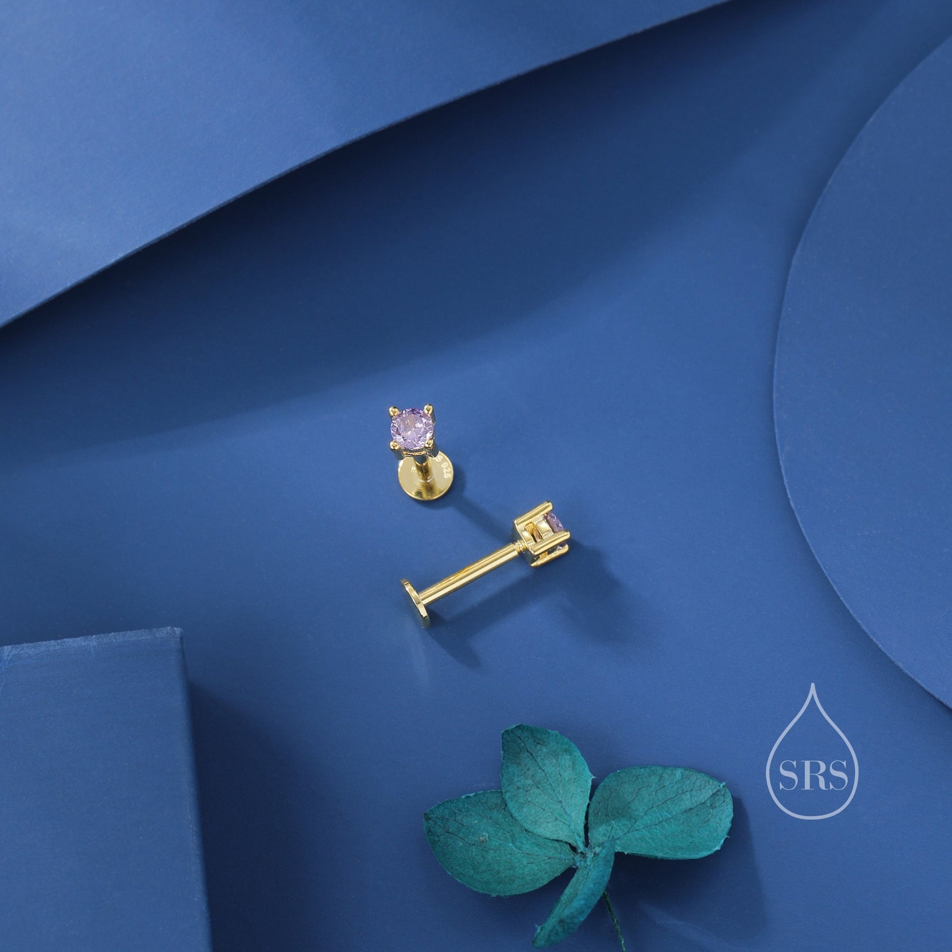 Amethyst Purple CZ Internally Threaded Flat Back / Screw Back Earrings in Sterling Silver, 4mm CZ, CZ Barbell Earrings, Silver or Gold