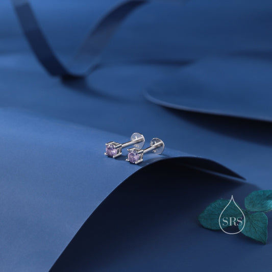 Amethyst Purple CZ Internally Threaded Flat Back / Screw Back Earrings in Sterling Silver, 4mm CZ, CZ Barbell Earrings, Silver or Gold