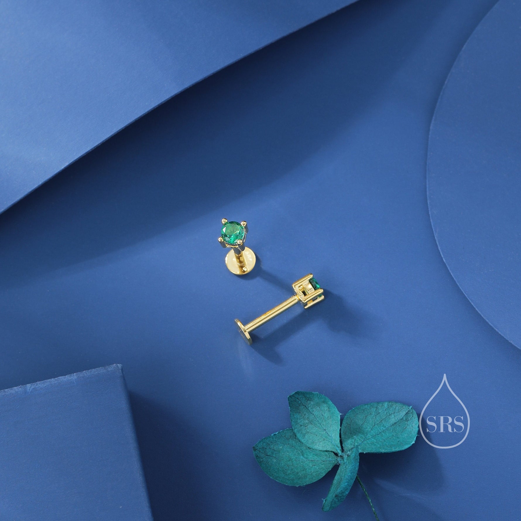 Emerald Green CZ Internally Threaded Flat Back / Screw Back /Stud Earrings in Sterling Silver, 4mm CZ, CZ Barbell Earrings, Silver or Gold