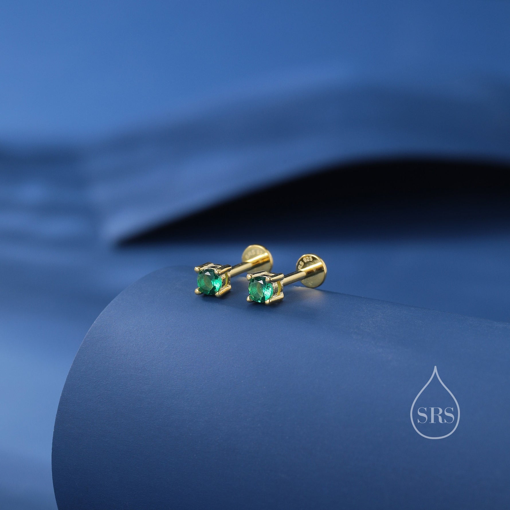 Emerald Green CZ Internally Threaded Flat Back / Screw Back /Stud Earrings in Sterling Silver, 4mm CZ, CZ Barbell Earrings, Silver or Gold