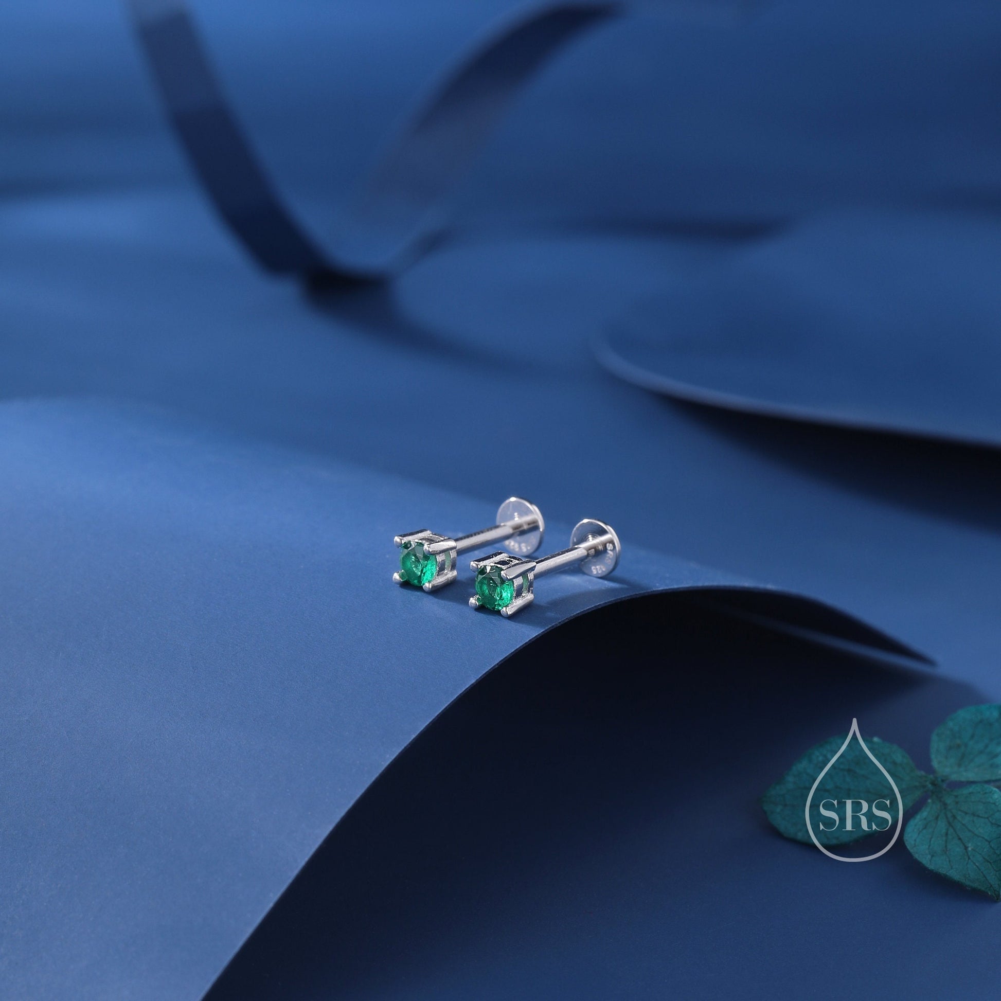 Emerald Green CZ Internally Threaded Flat Back / Screw Back Earrings in Sterling Silver, 4mm CZ, CZ Barbell Earrings, Silver or Gold