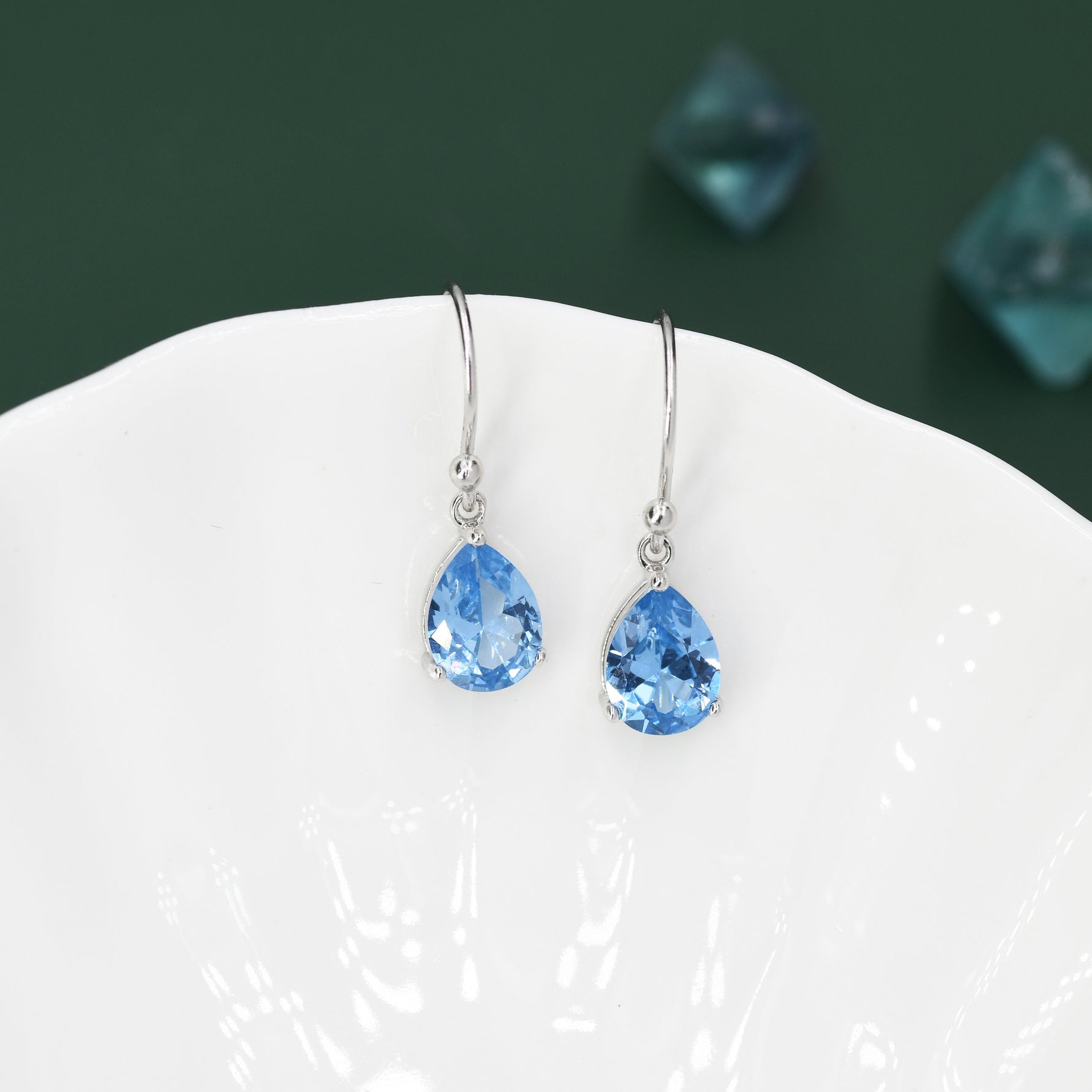 Sterling Silver Topaz Blue CZ Droplet Drop Earrings in Sterling Silver, Silver or Gold, Pear Shape 6x8mm Cubic Zirconia Hook Earrings