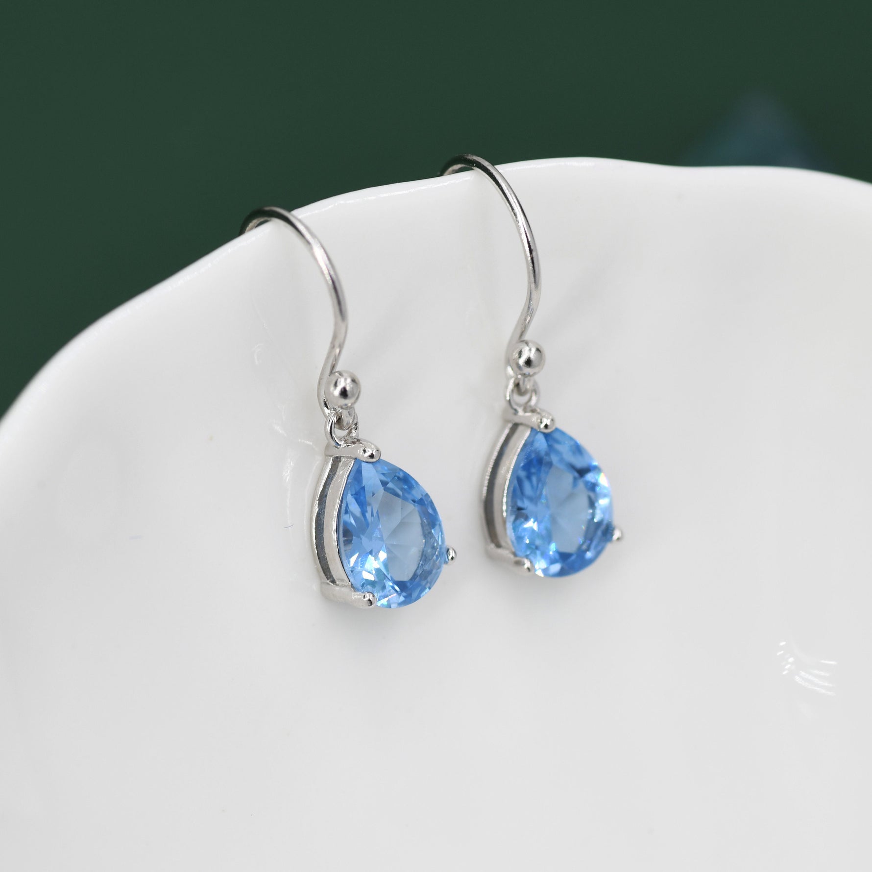 Sterling Silver Topaz Blue CZ Droplet Drop Earrings in Sterling Silver, Silver or Gold, Pear Shape 6x8mm Cubic Zirconia Hook Earrings