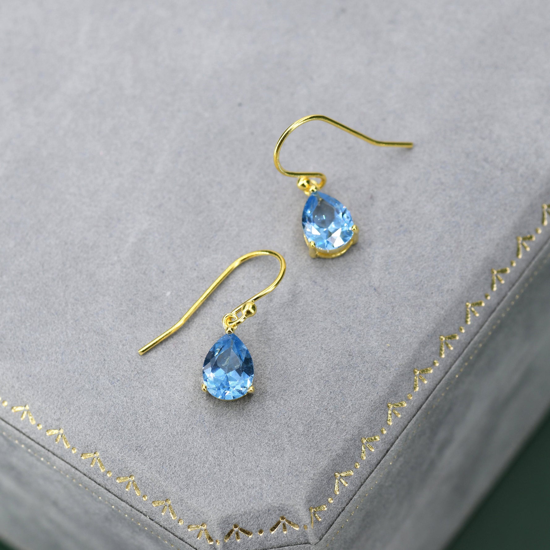 Sterling Silver Topaz Blue CZ Droplet Drop Earrings in Sterling Silver, Silver or Gold, Pear Shape 6x8mm Cubic Zirconia Hook Earrings