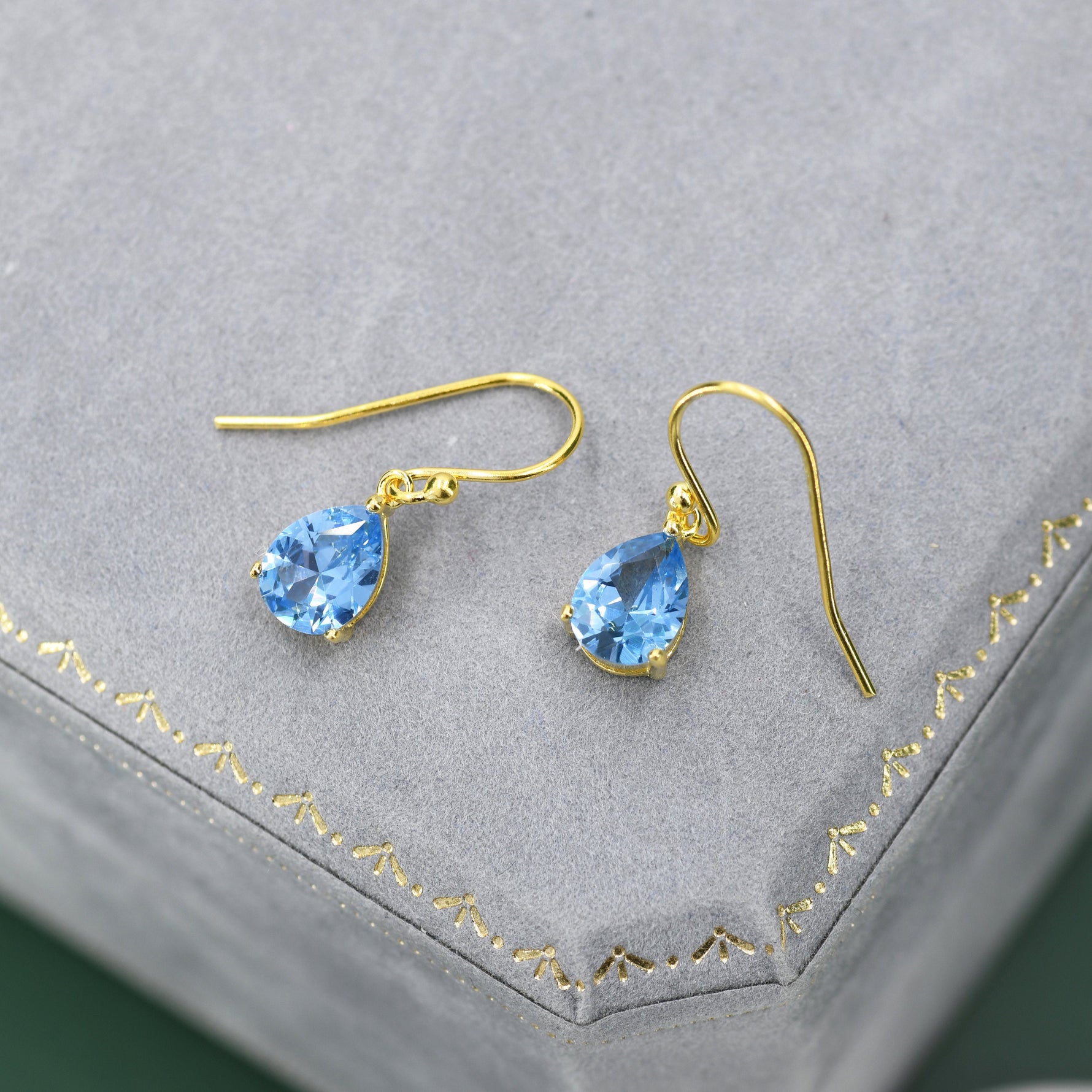 Sterling Silver Topaz Blue CZ Droplet Drop Earrings in Sterling Silver, Silver or Gold, Pear Shape 6x8mm Cubic Zirconia Hook Earrings