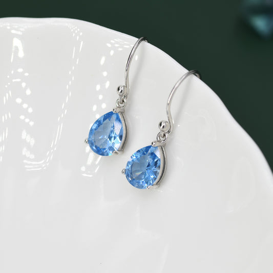 Sterling Silver Topaz Blue CZ Droplet Drop Earrings in Sterling Silver, Silver or Gold, Pear Shape 6x8mm Cubic Zirconia Hook Earrings