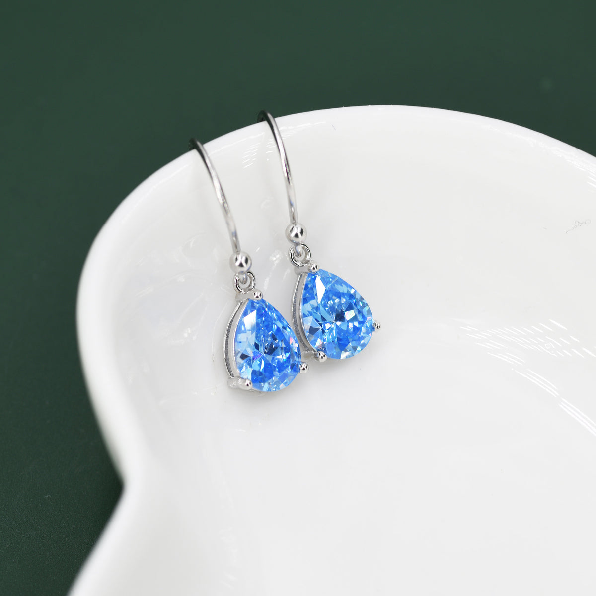 Sterling Silver Ocean Blue CZ Droplet Drop Earrings in Sterling Silver, Silver or Gold,Pear Shape 6x8mm Cubic Zirconia Hook Earrings
