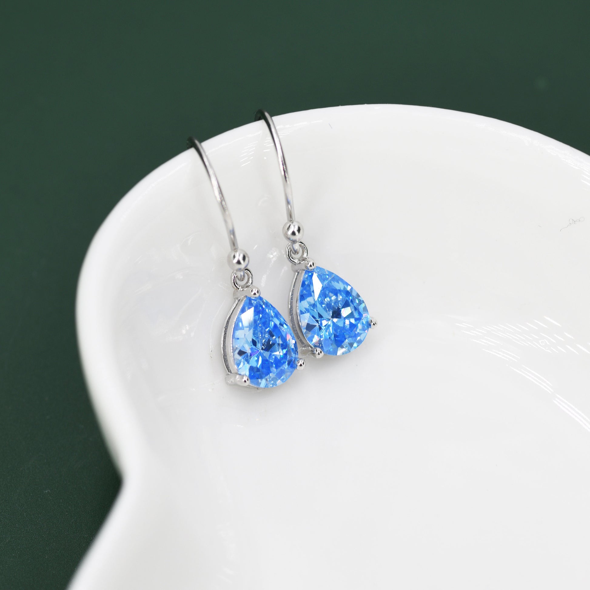 Sterling Silver Ocean Blue CZ Droplet Drop Earrings in Sterling Silver, Pear Shape 6x8mm Cubic Zirconia Hook Earrings