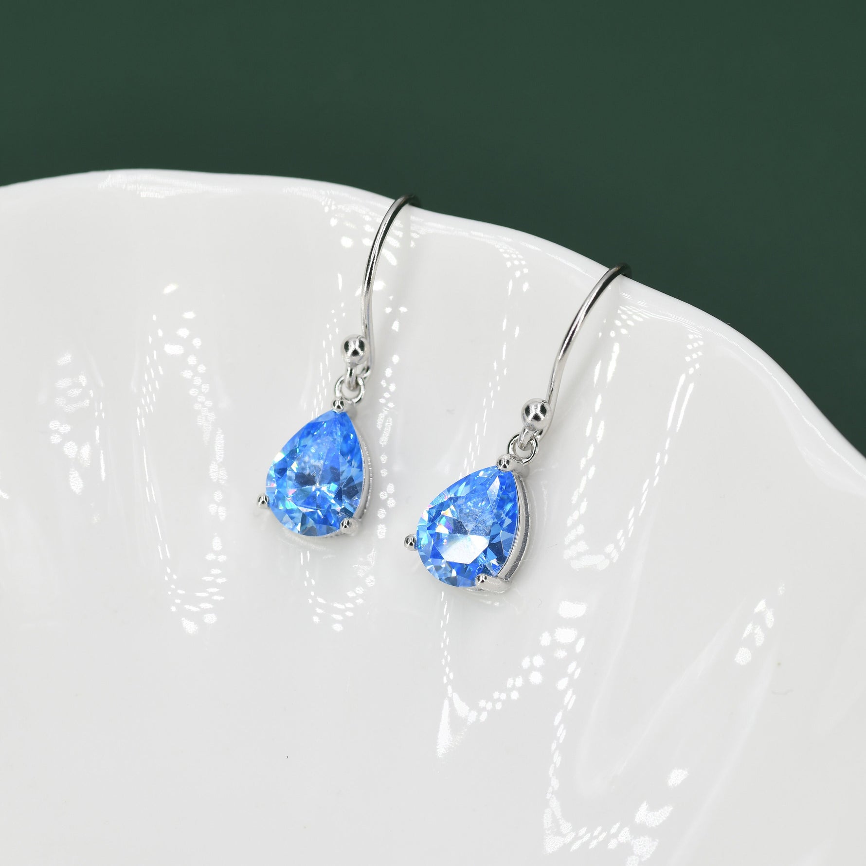 Sterling Silver Ocean Blue CZ Droplet Drop Earrings in Sterling Silver, Silver or Gold,Pear Shape 6x8mm Cubic Zirconia Hook Earrings