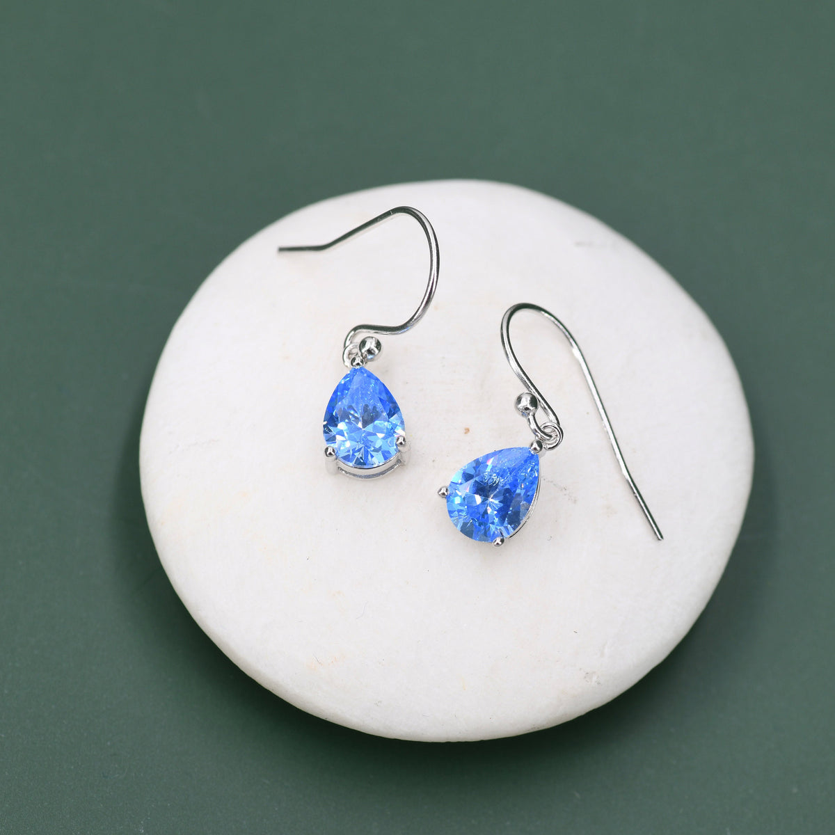 Sterling Silver Ocean Blue CZ Droplet Drop Earrings in Sterling Silver, Silver or Gold,Pear Shape 6x8mm Cubic Zirconia Hook Earrings