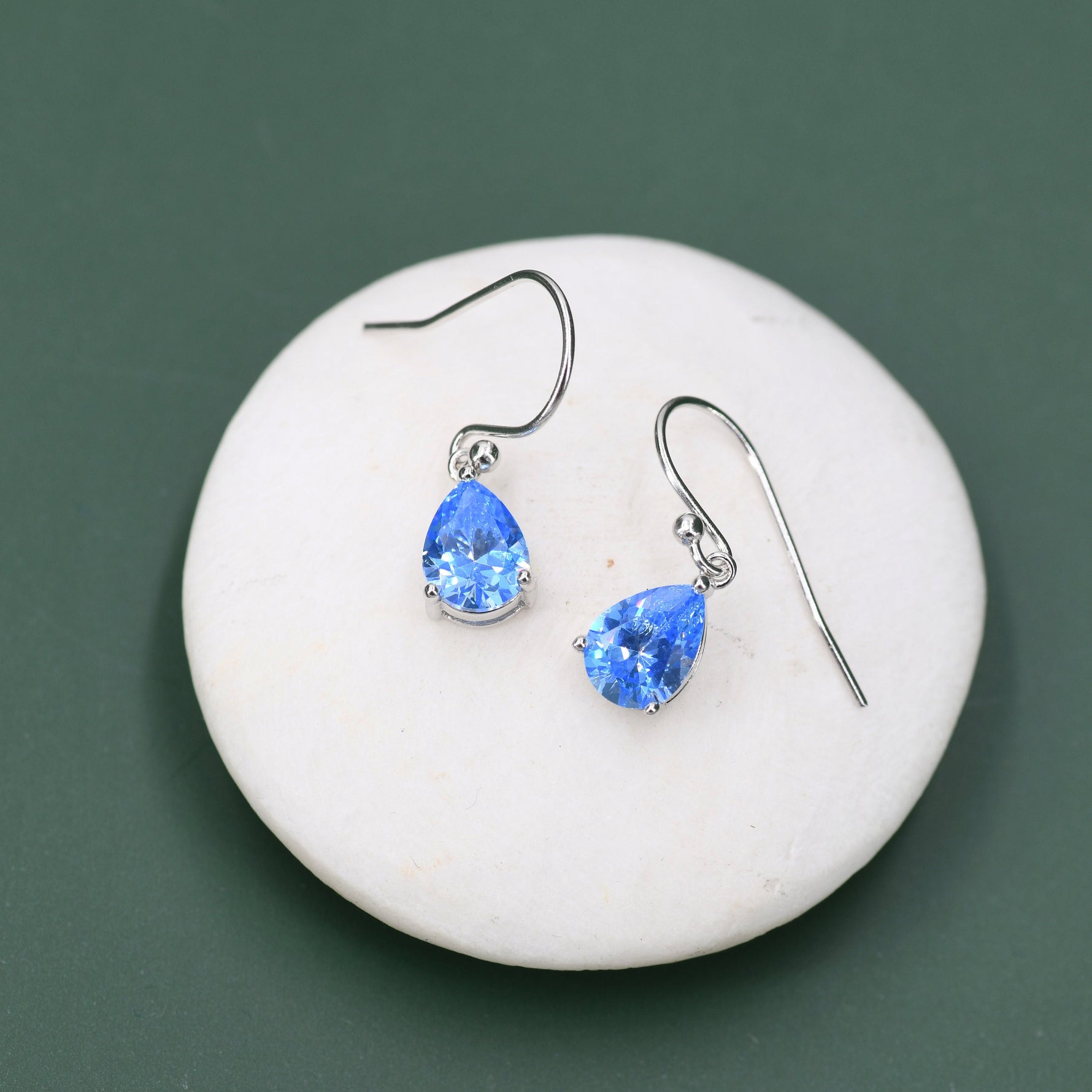 Sterling Silver Ocean Blue CZ Droplet Drop Earrings in Sterling Silver, Silver or Gold,Pear Shape 6x8mm Cubic Zirconia Hook Earrings