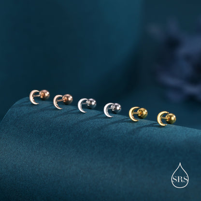 Internally Threaded Flat Back Tiny Moon Earrings in Sterling Silver, Silver or Gold or Rose Gold, Also available in Ball Screw Back Earrings