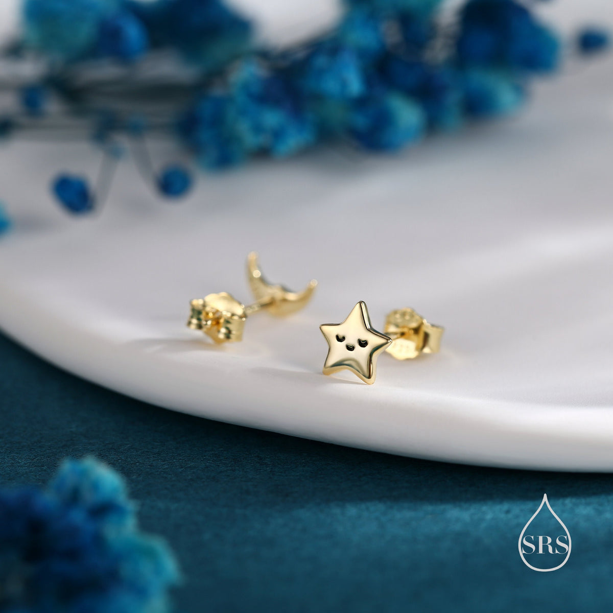 Mismatched Cute Star and Moon Stud Earrings in Sterling Silver, Silver or Gold or Rose Gold, Asymmetric Star and Crescent Moon Earrings