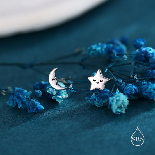 Mismatched Cute Star and Moon Stud Earrings in Sterling Silver, Silver or Gold or Rose Gold, Asymmetric Star and Crescent Moon Earrings