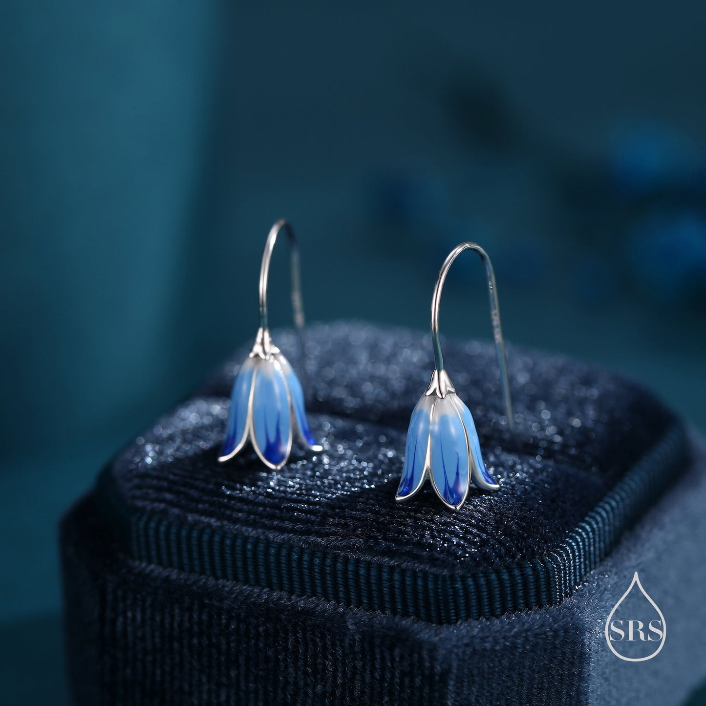 Sterling Silver Enamel Bluebell Flower Drop Hook Earrings, Dainty Dangle Bluebell Flower Earrings, Snowdrop Earrings, Spring Flowers