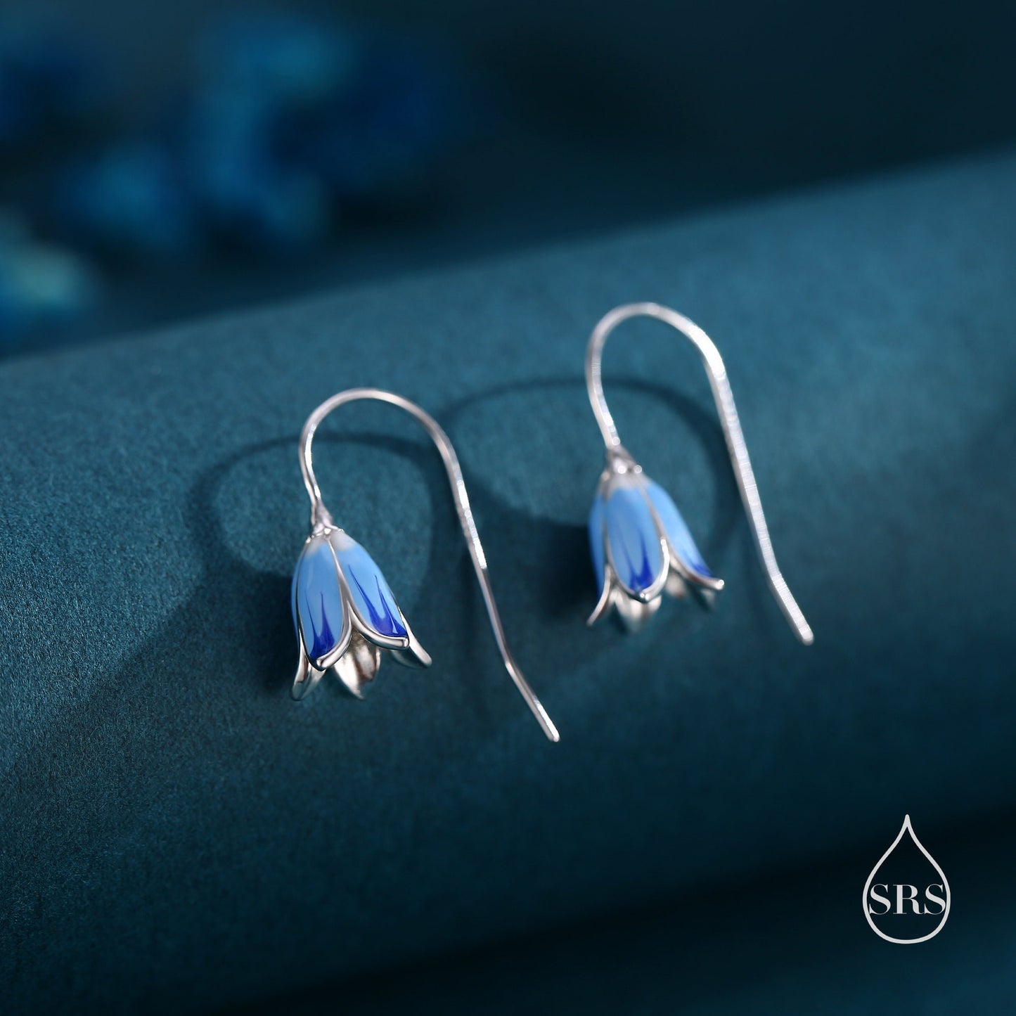 Sterling Silver Enamel Bluebell Flower Drop Hook Earrings, Dainty Dangle Bluebell Flower Earrings, Snowdrop Earrings, Spring Flowers