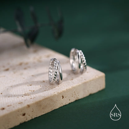 Single Piercing Double Hoop Effect Earrings in Sterling Silver with Braided Details, Rope Hoop Earrings, Silver, Gold, Rose Gold