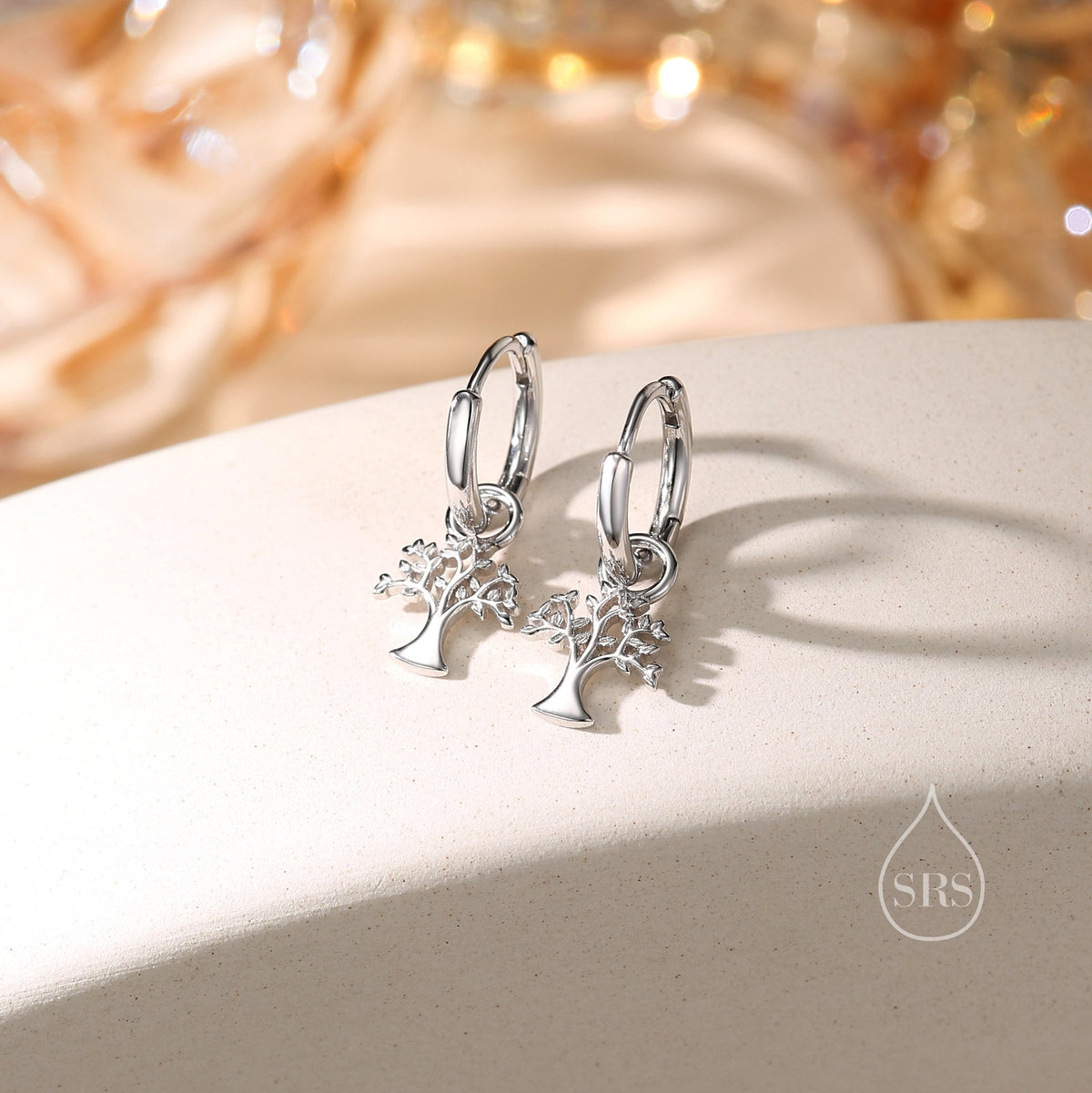 Sterling Silver Tree Charm Huggie Hoops, Silver or Gold or Rose Gold, Detachable Tree Hoop Earrings, Tree Charm Dangle Earrings,