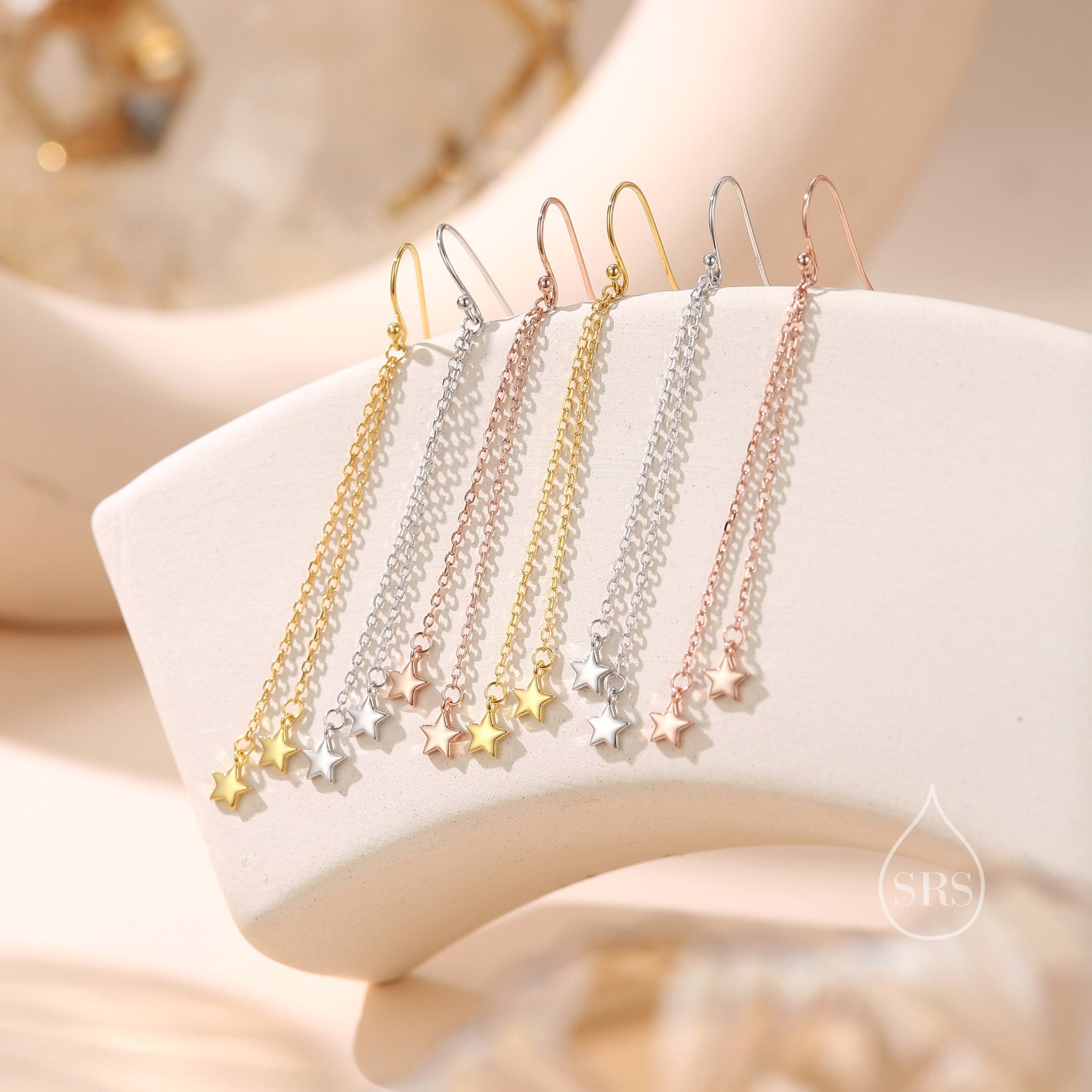 Delicate Star Dangle Drop Hook Earrings in Sterling Silver, Double Star Drop Dangle Earrings in Silver or Gold or Rose Gold