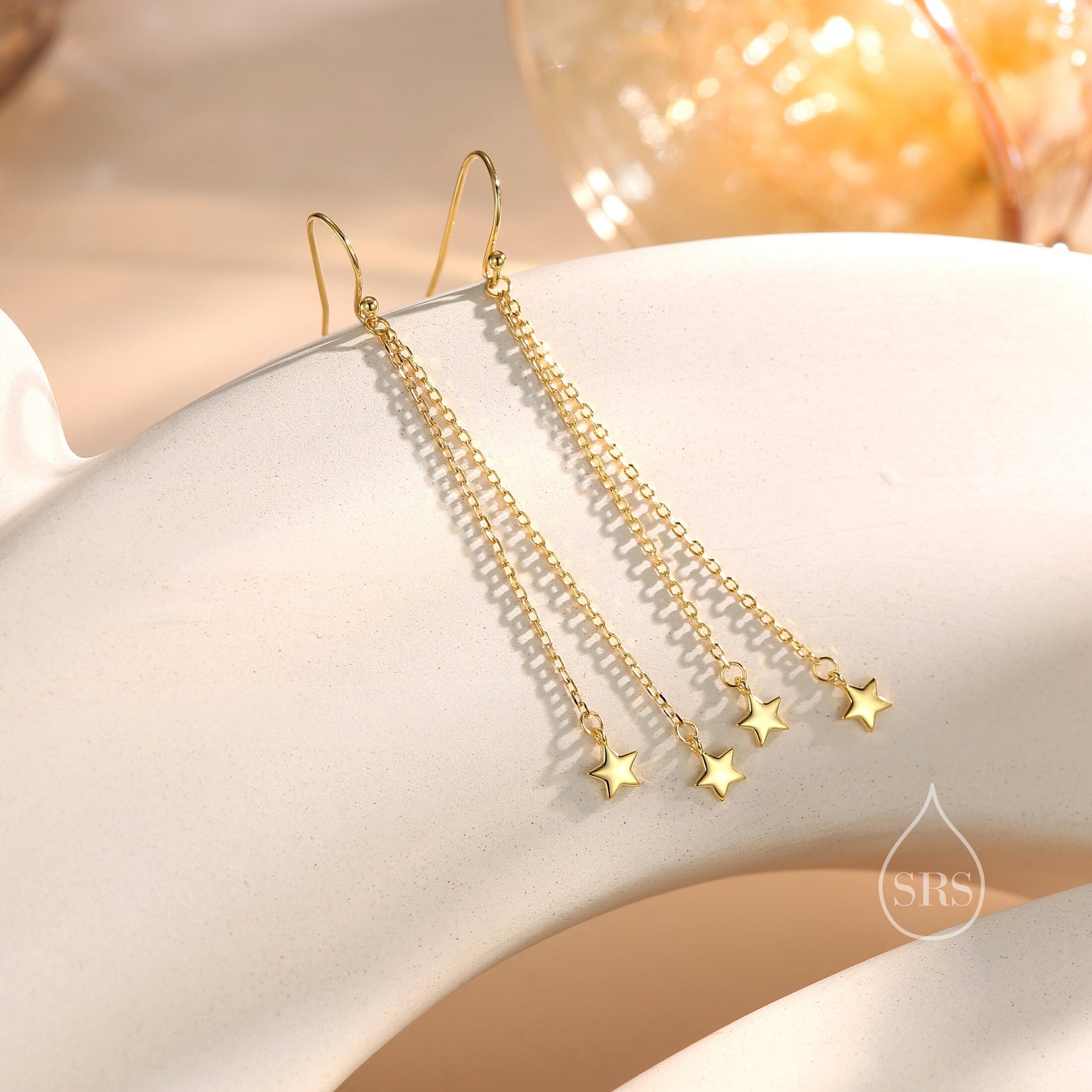 Delicate Star Dangle Drop Hook Earrings in Sterling Silver, Double Star Drop Dangle Earrings in Silver or Gold or Rose Gold