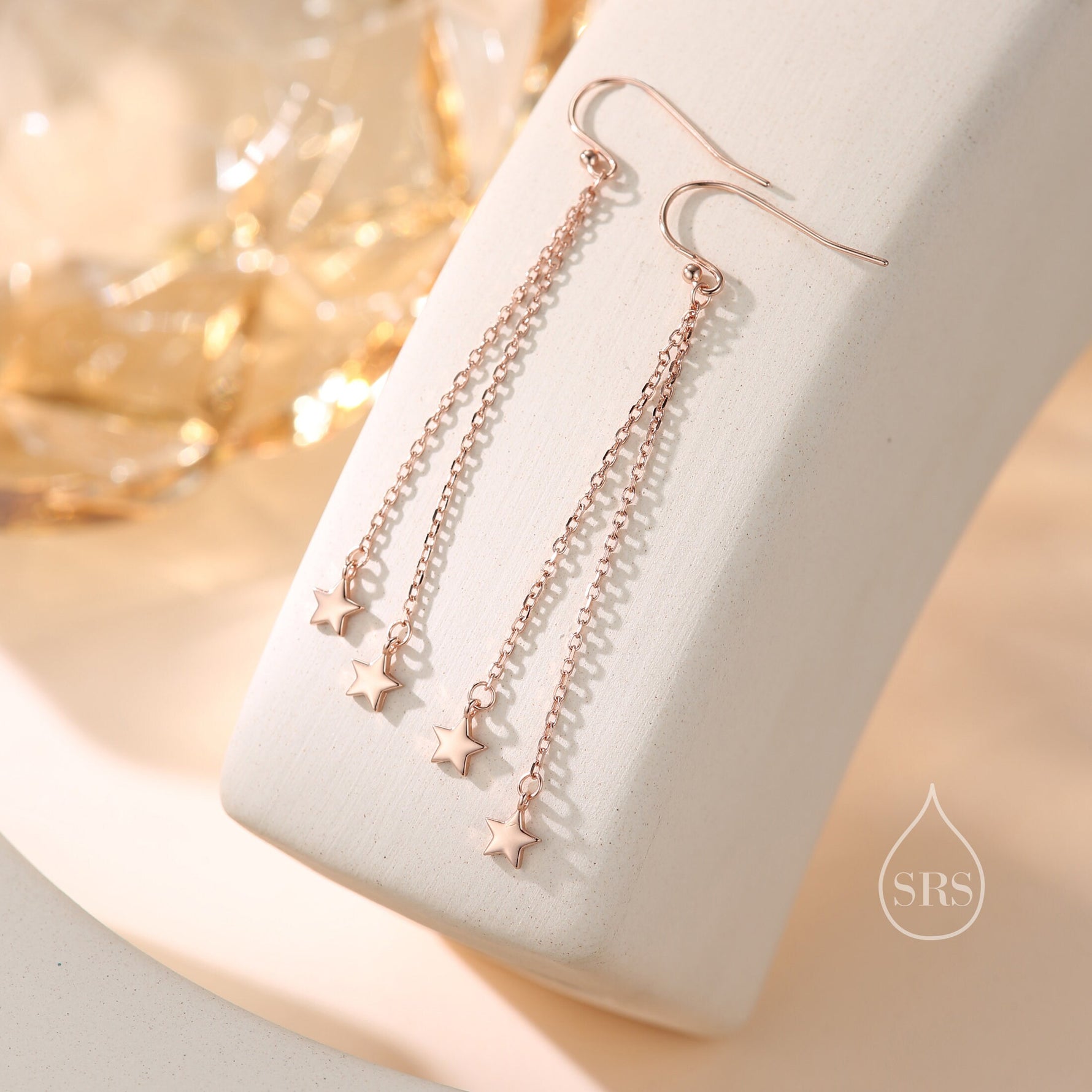 Delicate Star Dangle Drop Hook Earrings in Sterling Silver, Double Star Drop Dangle Earrings in Silver or Gold or Rose Gold