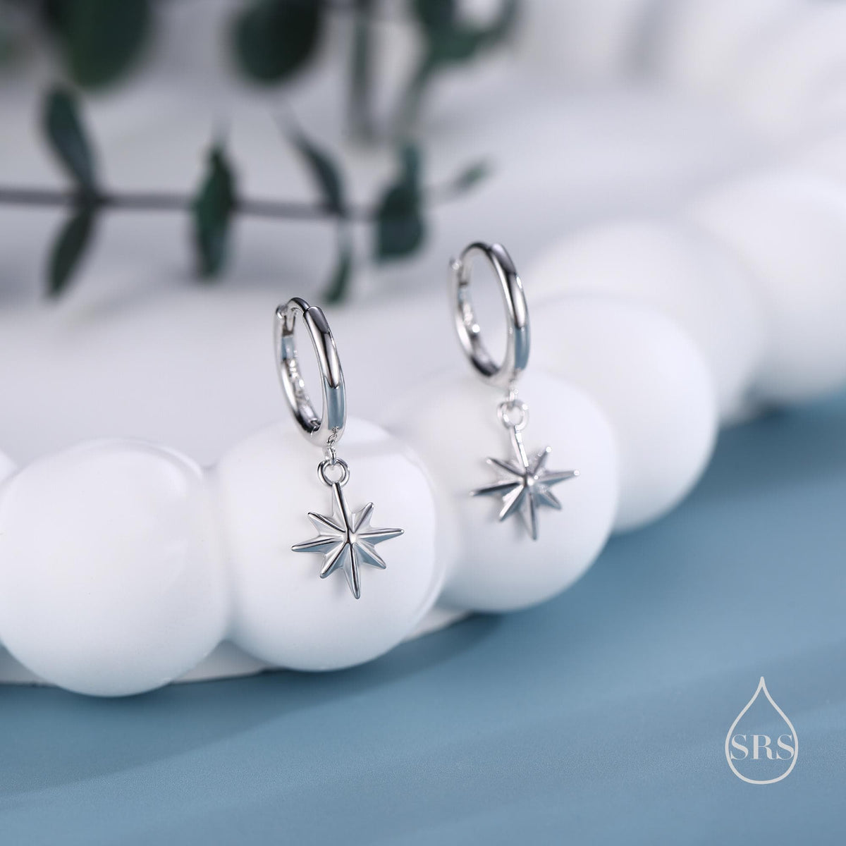 Starburst Huggie Hoop Earrings in Sterling Silver, Silver or Gold or Rose Gold, North Star Charm Earrings, Sunburst Earrings, Celestial