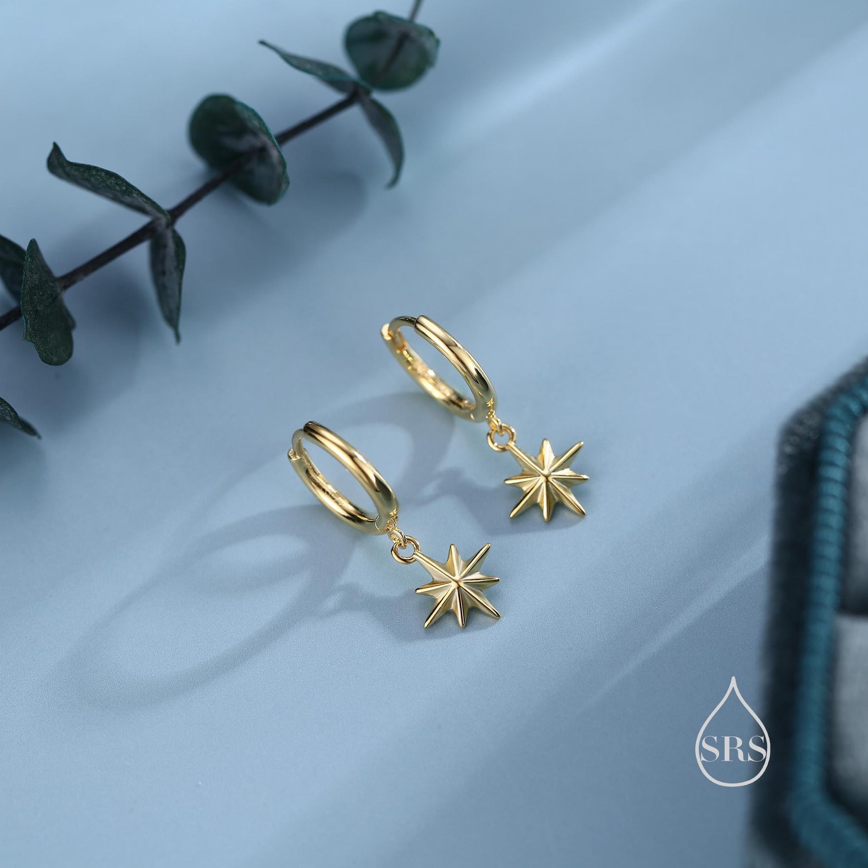 Starburst Huggie Hoop Earrings in Sterling Silver, Silver or Gold or Rose Gold, North Star Charm Earrings, Sunburst Earrings, Celestial