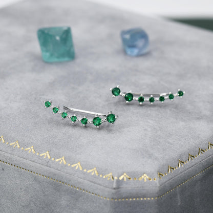 Sterling Silver Emerald Green CZ Ear Crawler Earrings, Silver Green CZ Climber Earrings, CZ Ear Climbers