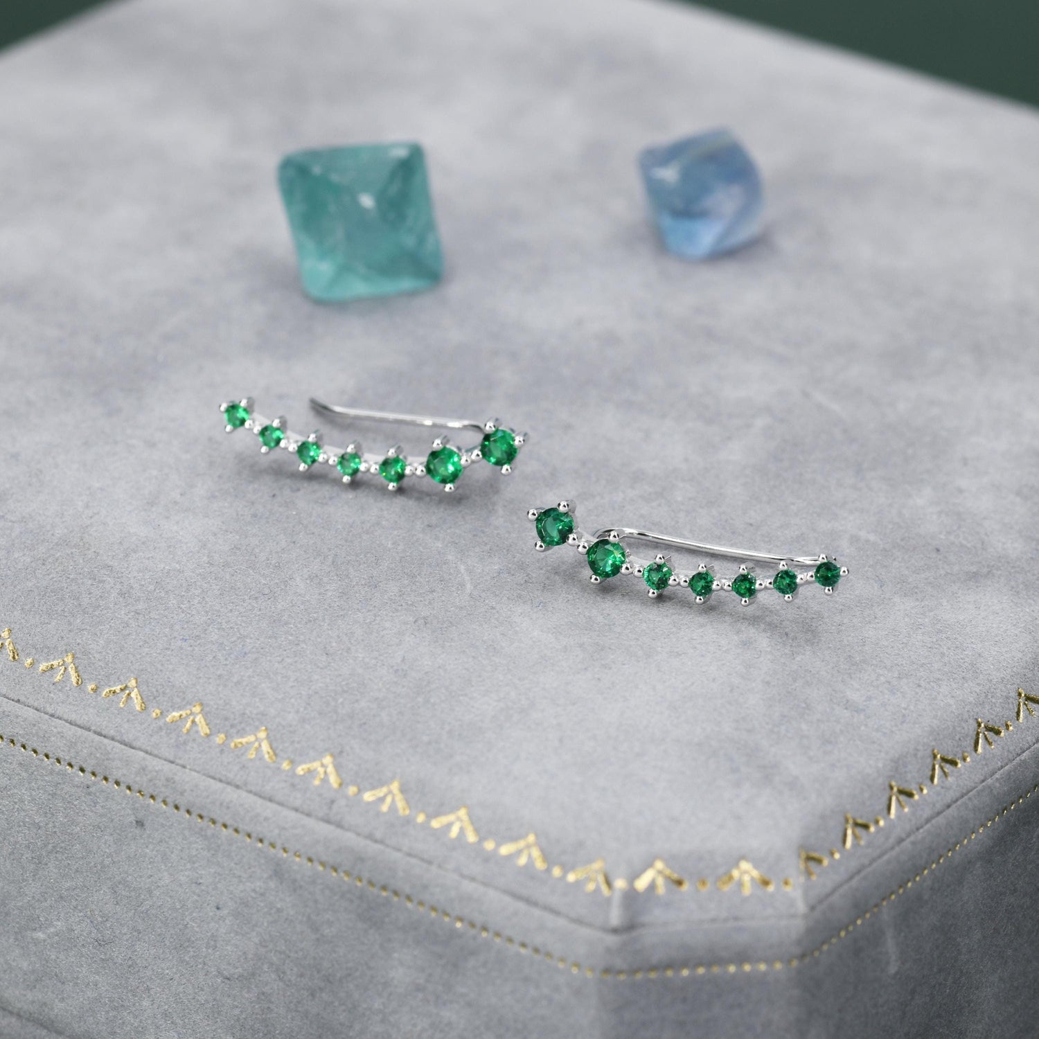 Sterling Silver Emerald Green CZ Ear Crawler Earrings, Silver Green CZ Climber Earrings, CZ Ear Climbers