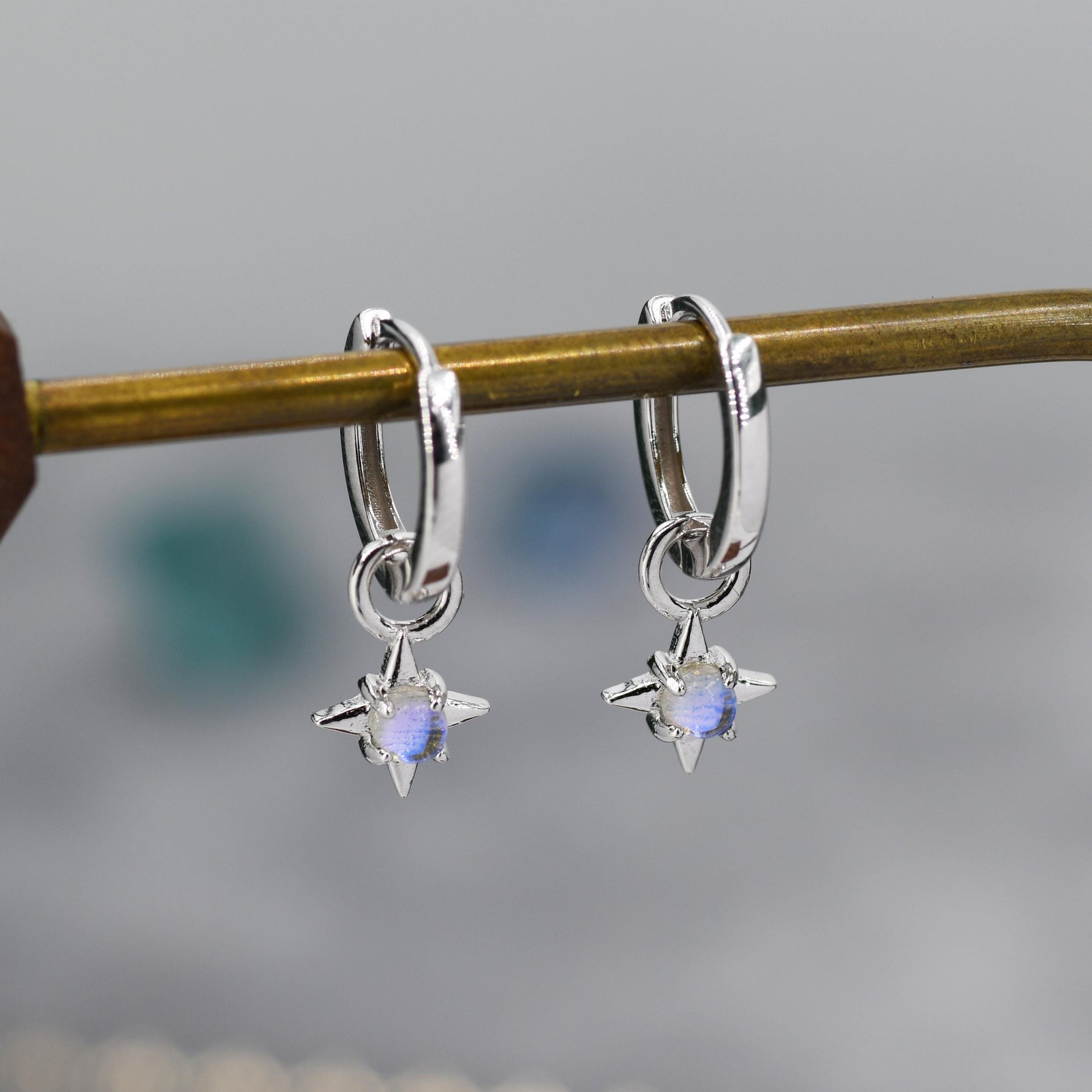 Tiny Moonstone Starburst Huggie Hoop Earrings in Sterling Silver, Silver or Gold, Detachable Charms, Moonstone North Star Drop Earrings