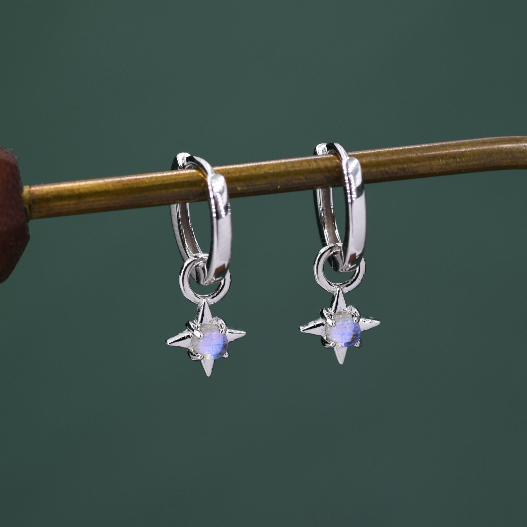 Tiny Moonstone Starburst Huggie Hoop Earrings in Sterling Silver, Silver or Gold, Detachable Charms, Moonstone North Star Drop Earrings