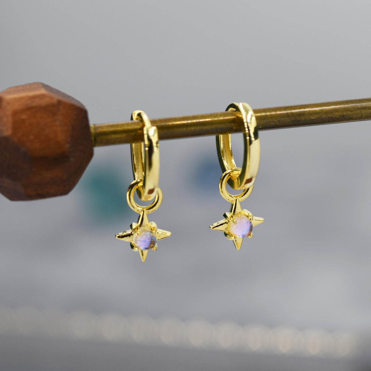 Tiny Moonstone Starburst Huggie Hoop Earrings in Sterling Silver, Silver or Gold, Detachable Charms, Moonstone North Star Drop Earrings