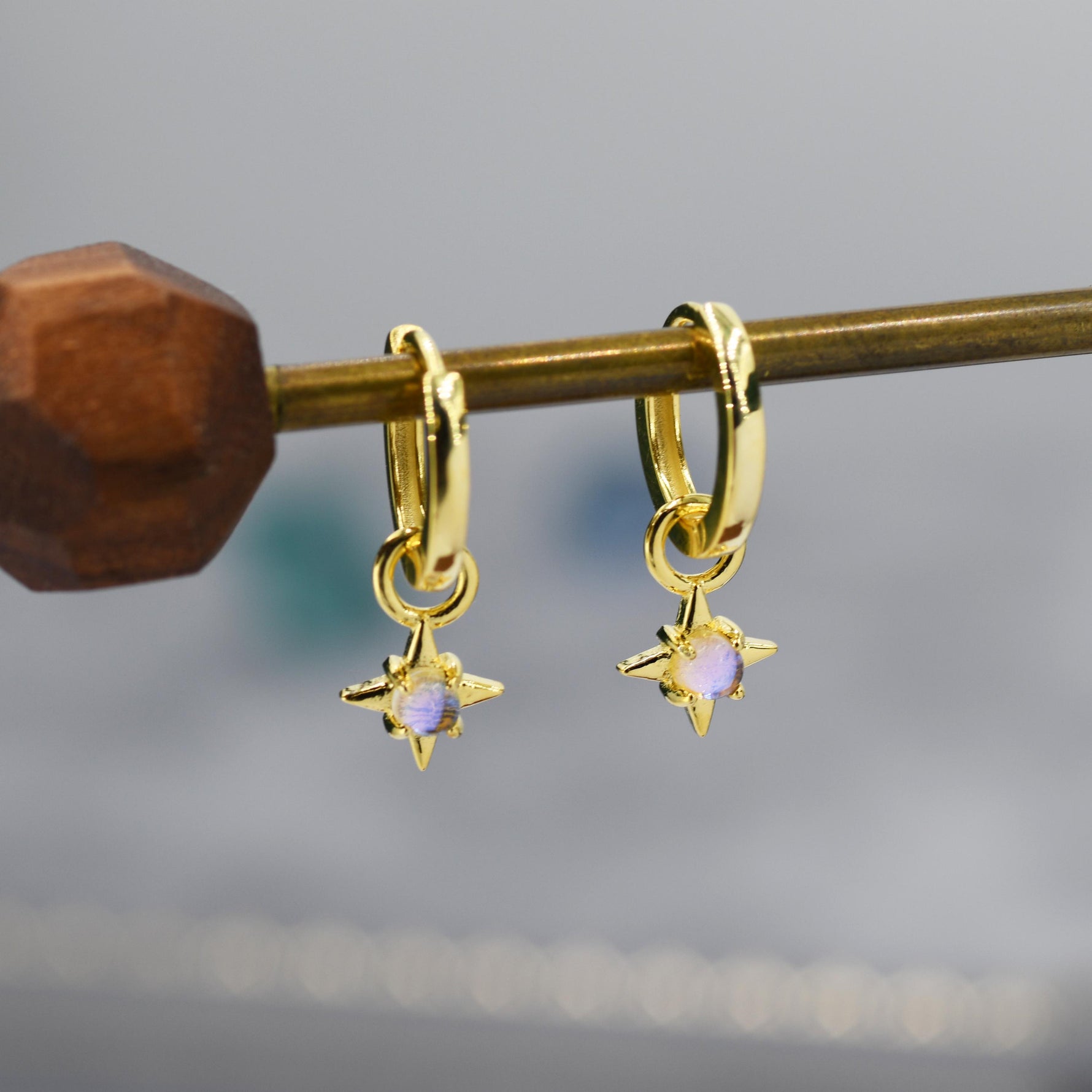 Tiny Moonstone Starburst Huggie Hoop Earrings in Sterling Silver, Silver or Gold, Detachable Charms, Moonstone North Star Drop Earrings