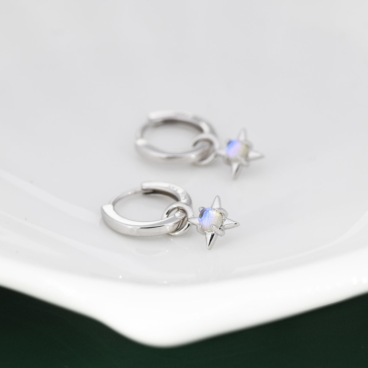 Tiny Moonstone Starburst Huggie Hoop Earrings in Sterling Silver, Silver or Gold, Detachable Charms, Moonstone North Star Drop Earrings